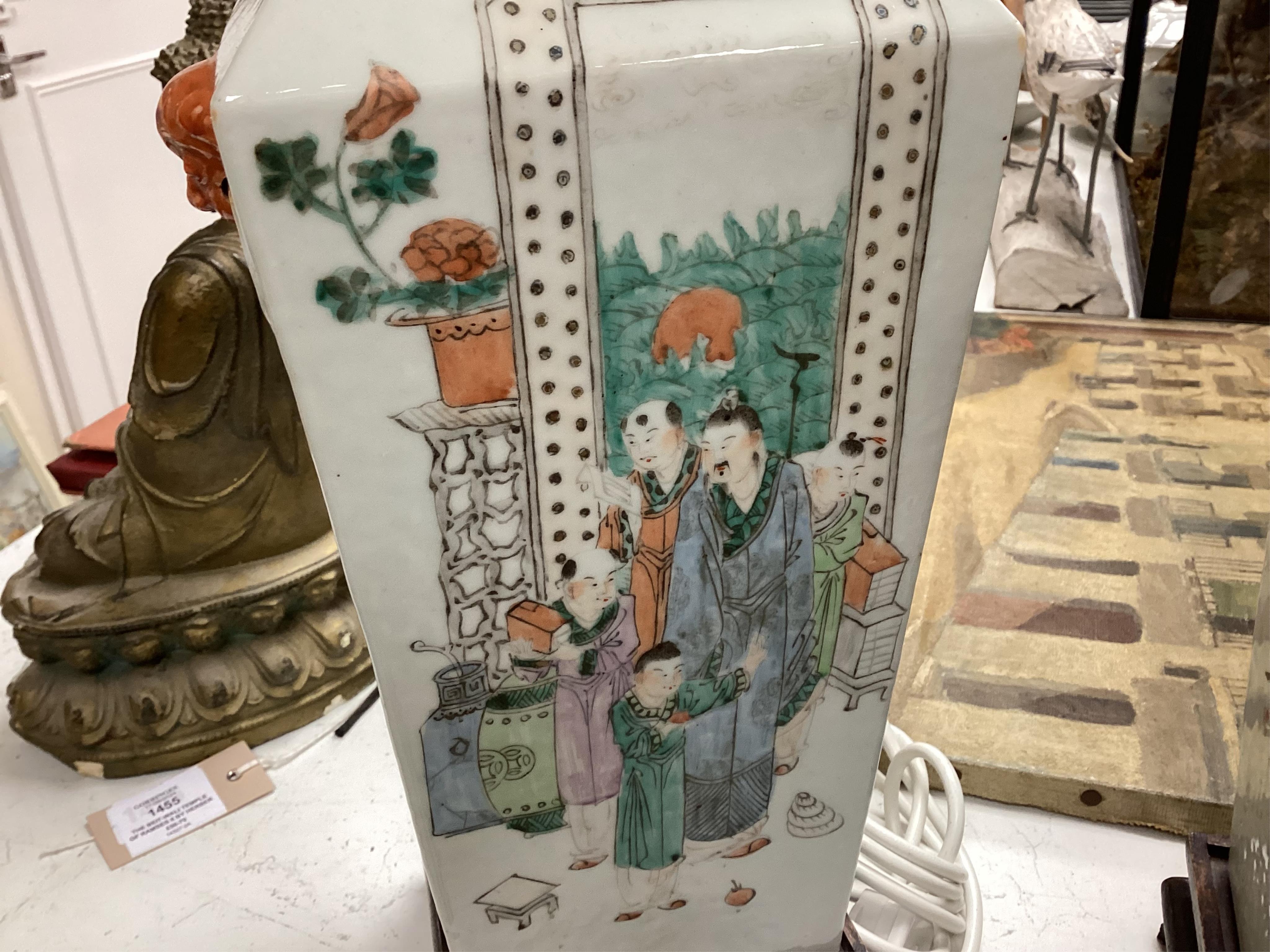 A pair of early 20th century Chinese famille rose vases, mounted as lamps and a plaster model of a Buddha, vases 46cm
